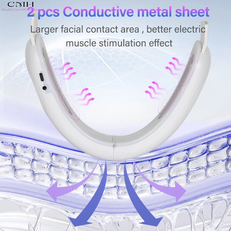 جهاز تجميل الوجه على شكل حرف V 7 أوضاع تدليك الوجه متعدد العلاج بالضوء ورقة موصلة محمولة لتجديد شباب البشرة وشد الوجه والتخسيس