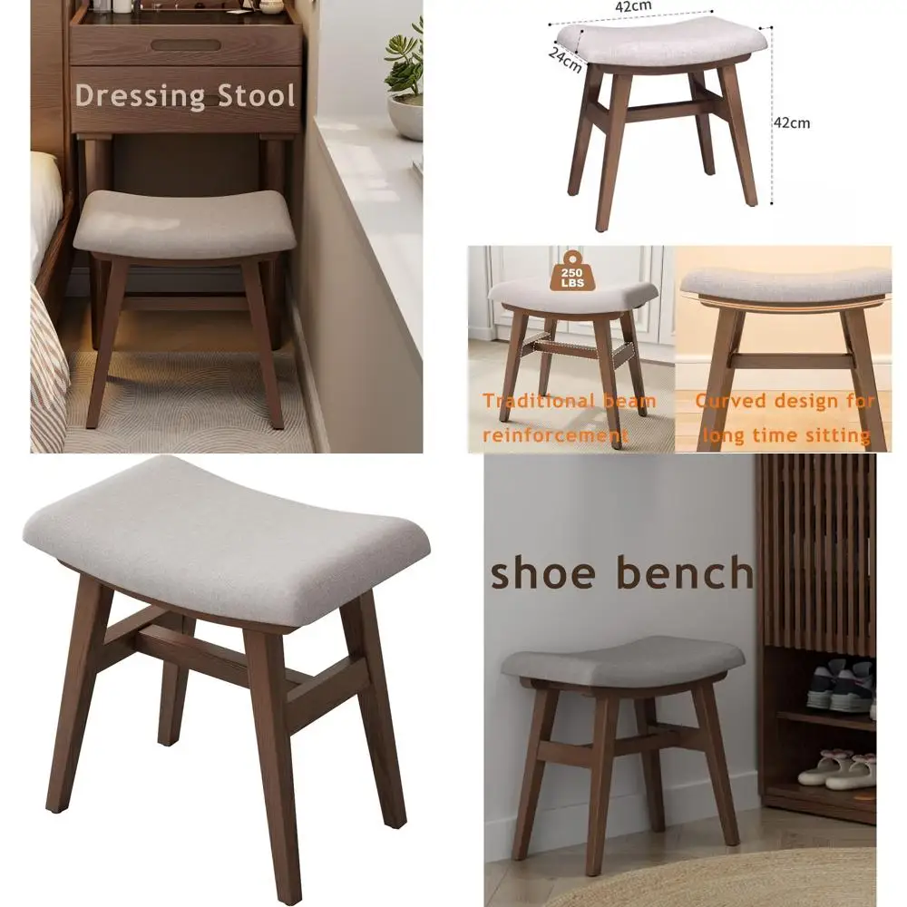 

Elegant Wooden Makeup Stool with Padded Seat, Ideal for Bedroom, Dining, and Home Office, 16 Brown