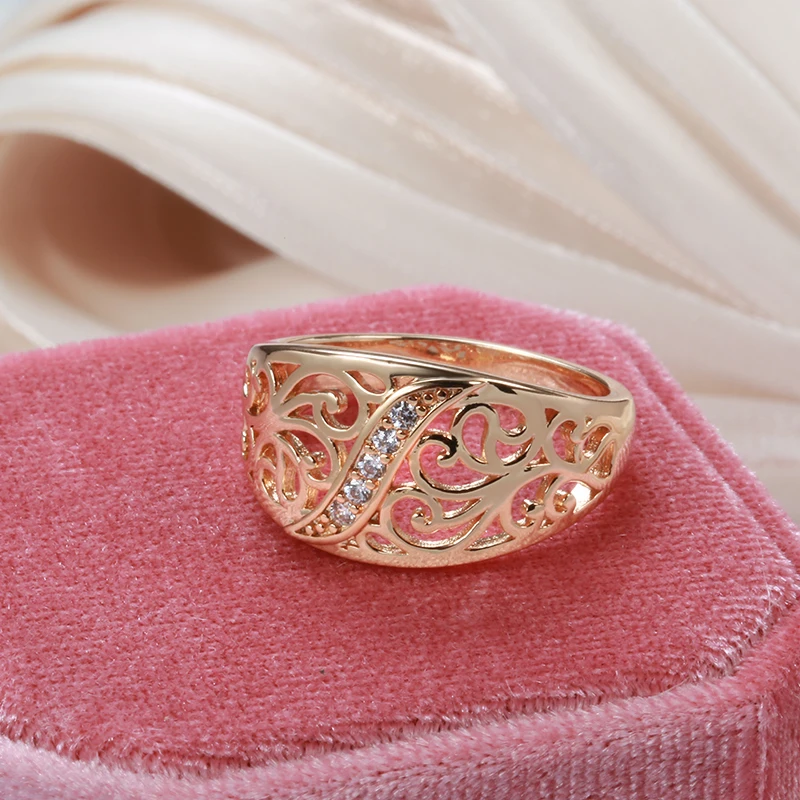 SYOUJYO 585 Rose Golden Hollow Cutting Ring For Women Vintage Exquisite Natural Zircon Wedding Jewelry