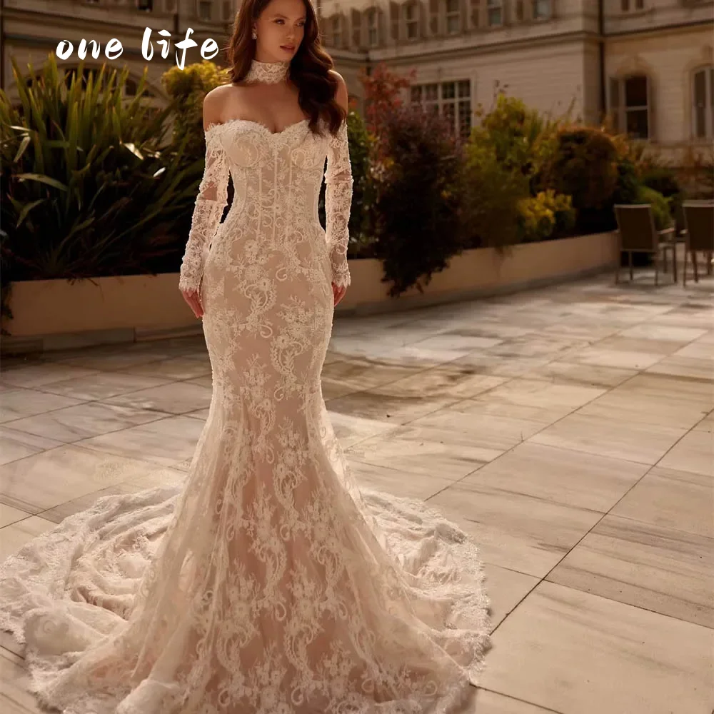 

Свадебное платье на заказ с кружевом, формальное, с вырезом «сердечко», длинными рукавами, в стиле «русалка», с шлейфом, мечтательное, для невесты