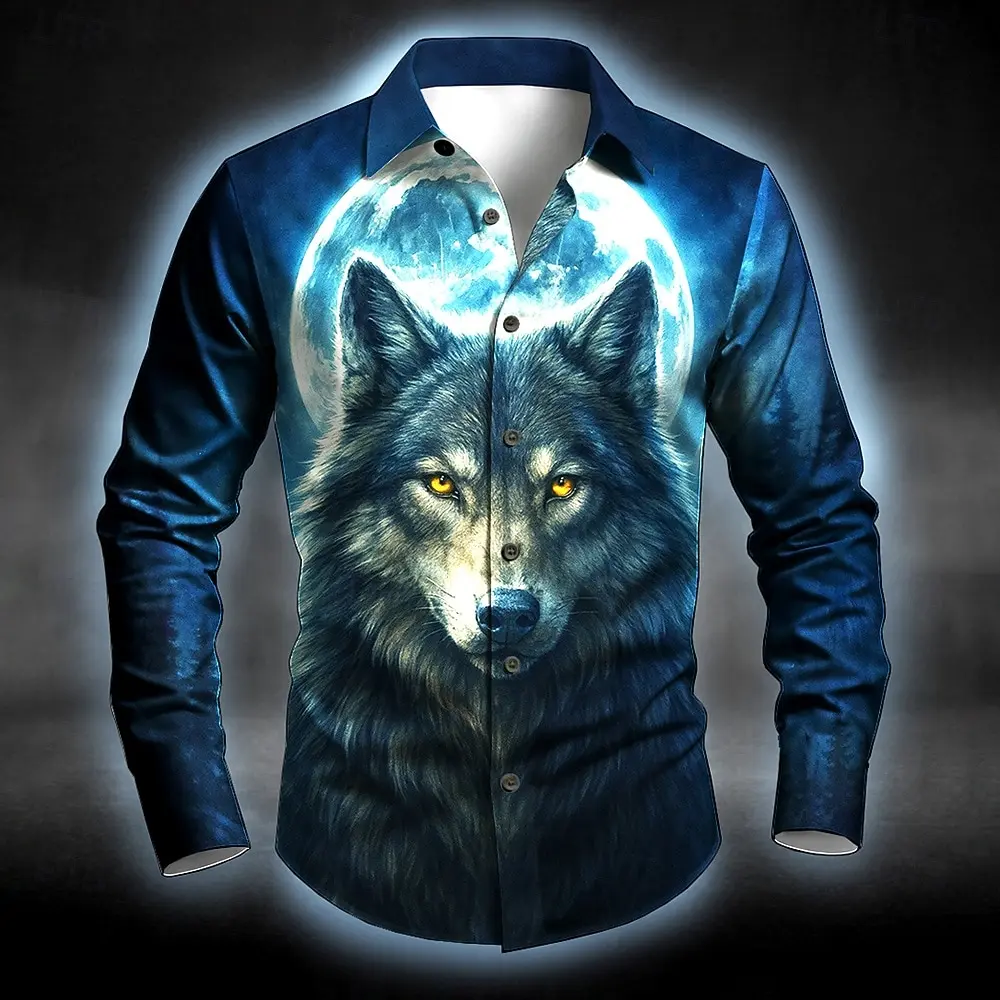 Men's Cool Smoky Animal Wolf Shirt Fashion 3D Printed Shirt Button Up Shirt Casual Long Sleeve Shirt Street Blouse For Mens
