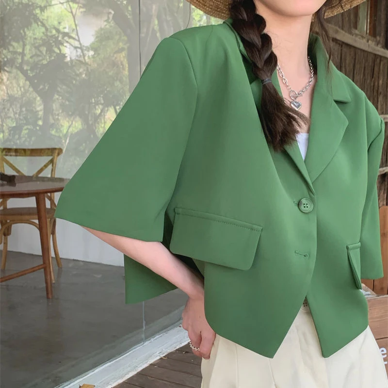 Manga curta blazer para as mulheres, moda coreano, verde, fino, chique, único breasted, jaqueta curta, verão, 2024