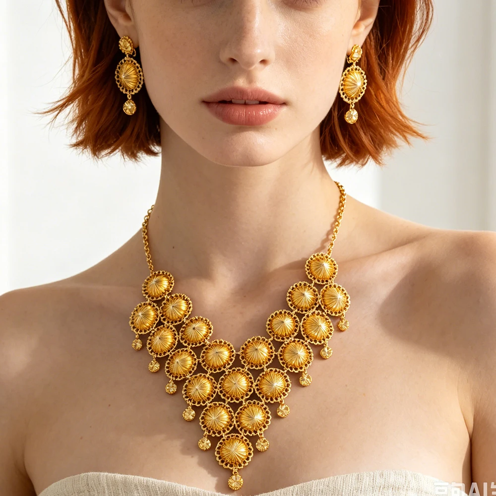 Luxury 24K Gold Plated Sun‑Pattern Round Disc Tassel Choker Necklace Earring Set African Bridal Wedding Party Accessories Gift