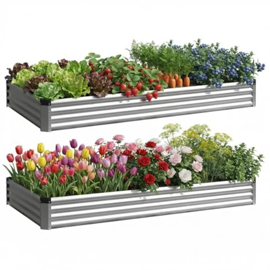 

6x2x1FT Metal Raised Garden Bed Outdoor Metal Raised Planter Box for Plants Flowers Vegetables Herbs Silver 2PCS