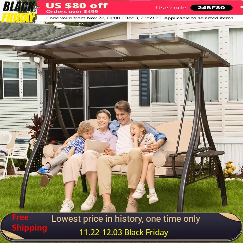 3-Seat Outdoor Porch Swing with Hardtop, 2 Side Cup Holder & Pillows, Thickened Cushions, Outdoor Swing