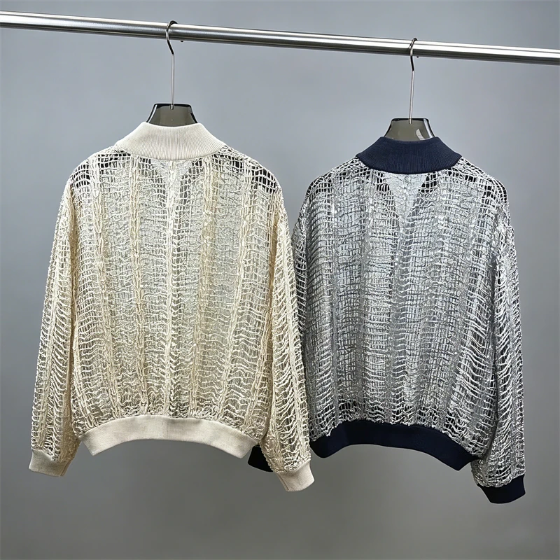 2026 Summer New Baseball Collar Sequined Mesh Long-Sleeve Jacket High-Quality FashionableCasual Linen Knit Loose Zip-Up Cardigan