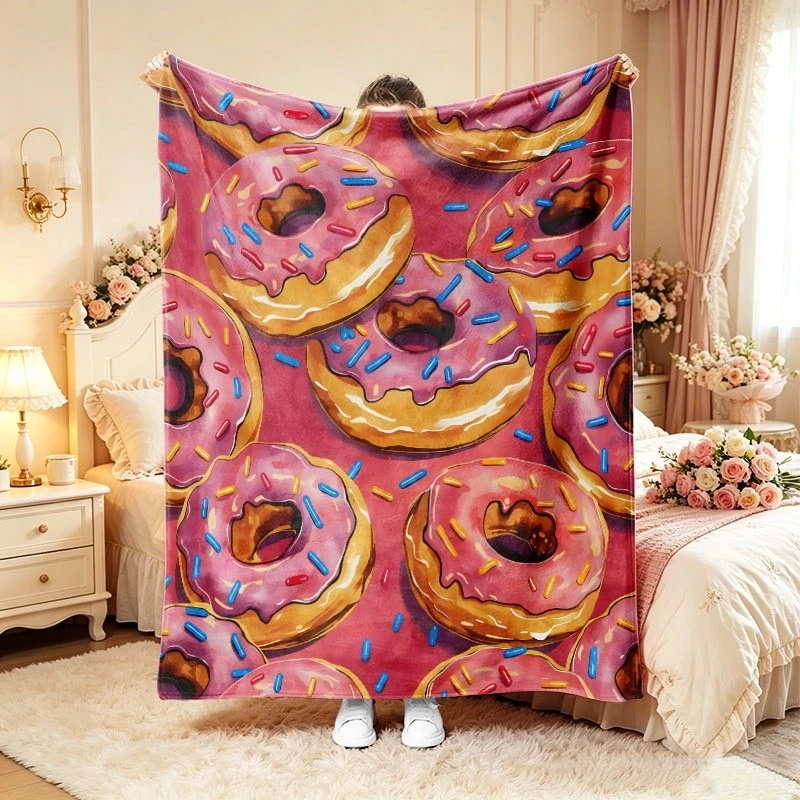 Pink Glaze Donut Watercolor Full Print Throw Blanket,Warm Sofa,Bed Lap Cover,Birthday Anniversary Home Casual Gathering Present