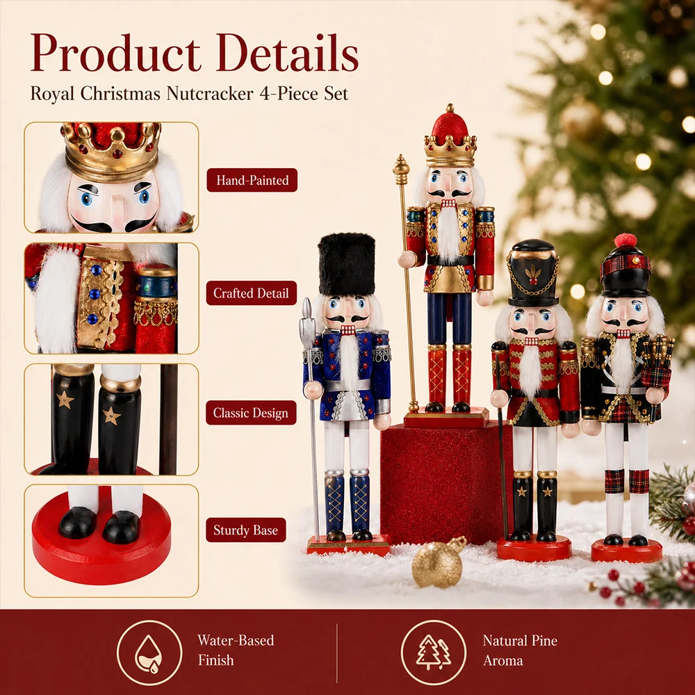 4PCS 30CM Christmas Nutcracker Wooden Nutcracker Ornament Soldier Figure Handcraft Doll Toy Home Office Desktop Decoration Gift
