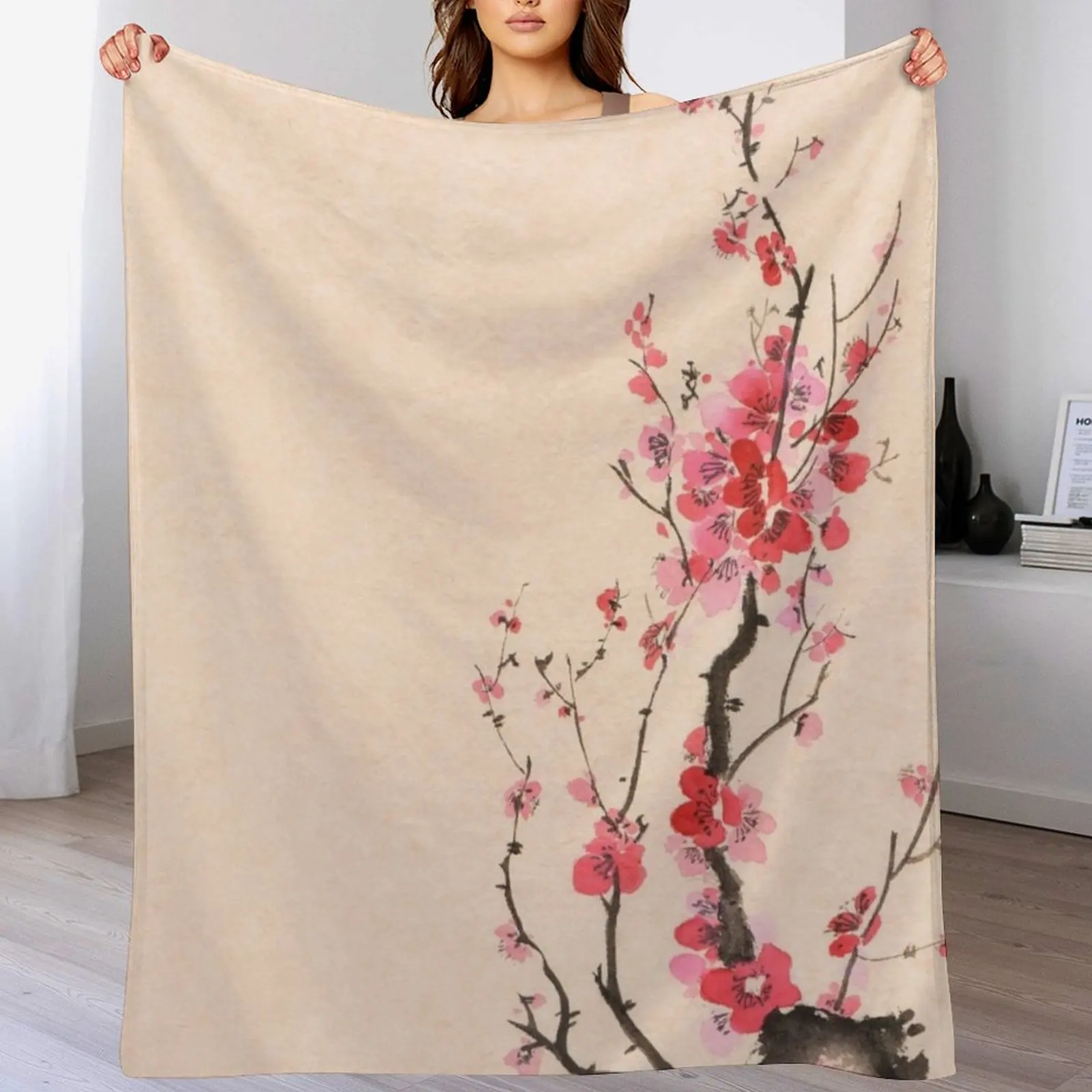 Japanese sumi-e ink painting of an iconic plum blossom branch with red flowers on beige background art print Throw Blanket