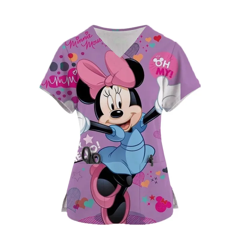 Divise da lavoro ospedaliere Medcine Minnie Topolino Stampa Camicetta da allattamento con scollo a V Uniforme da clinica odontoiatrica Infermiera medica Scrub Top