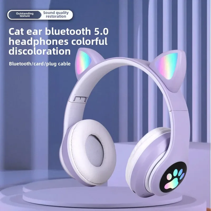 Head mounted Bluetooth Earbuds STN-28 Cat Ear Heavy Bass Flashing Light Wireless Sports Card Earbuds