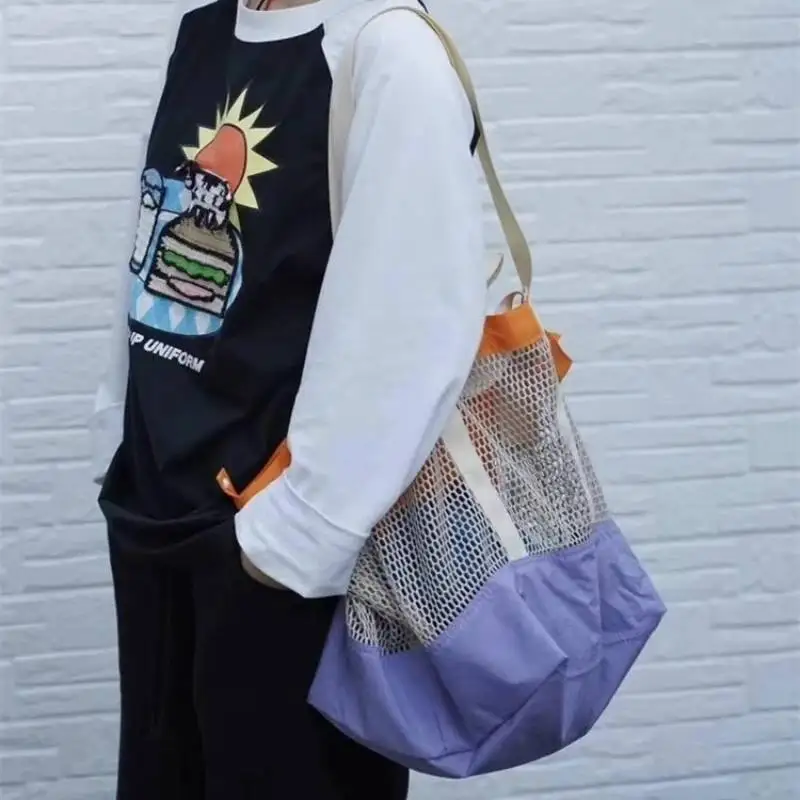 パッチワークコントラストカラーメッシュショルダーハンドバッグ女性ヴィンテージ Y2k 美的脇の下バッグファッション中空両面トートバッグ