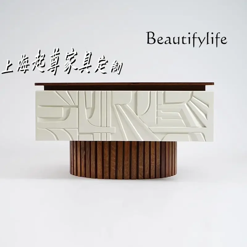 N44 Medieval ash wood carving flower creative coffee table living room tea table  craft bedside table