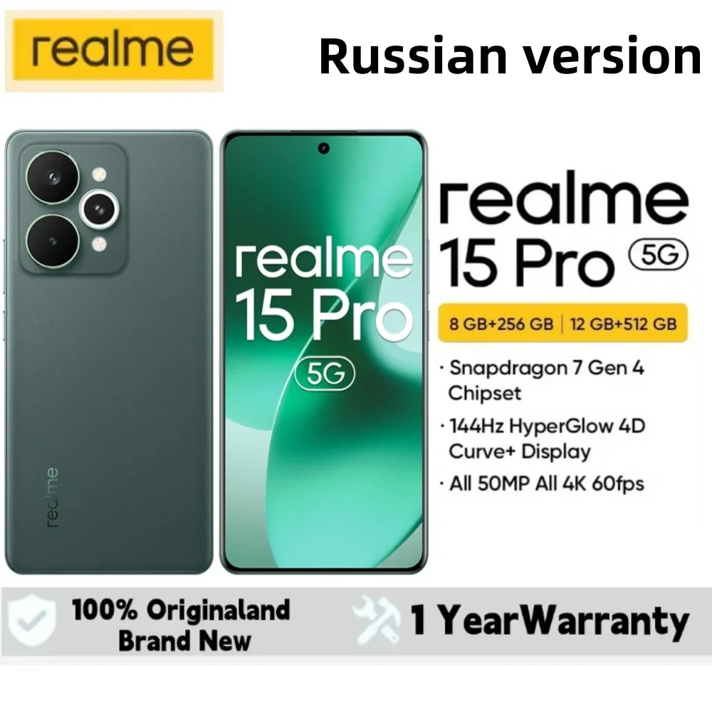 النسخة الروسية هاتف ذكي Realme 15 Pro 5G معالج Snapdragon 7 Gen 4 كاميرا 50 ميجابكسل 6.8 بوصة 144 هرتز 4D منحنى + شاشة AMOLED 7000 مللي أمبير في الساعة
