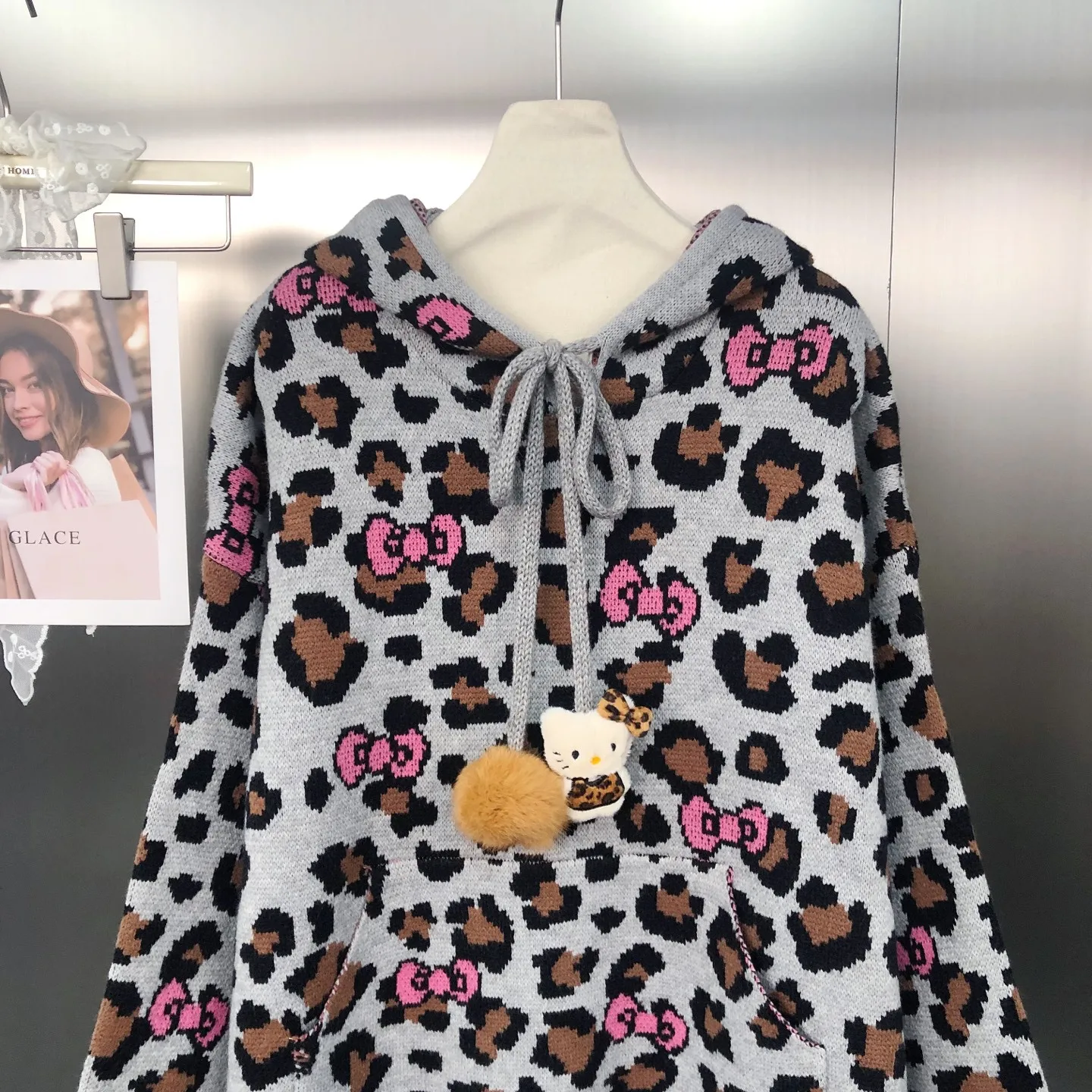 الكورية نمط الرجعية ليوبارد طباعة اللون كتلة معطف بقلنسوة الخريف الشتاء الشباب الكرتون الجاكار البلوز تريكو Y2k سترة #4