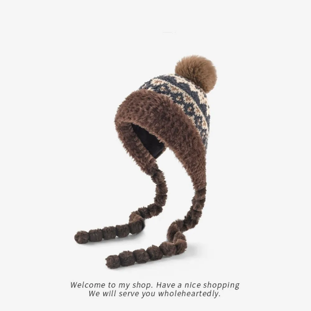 

Thickened Warm Warm Ear Protection Hat Cute Thick Plush Ear Protection Hat Ethnic Style Pompom Fluffy Bucket Hat for Women