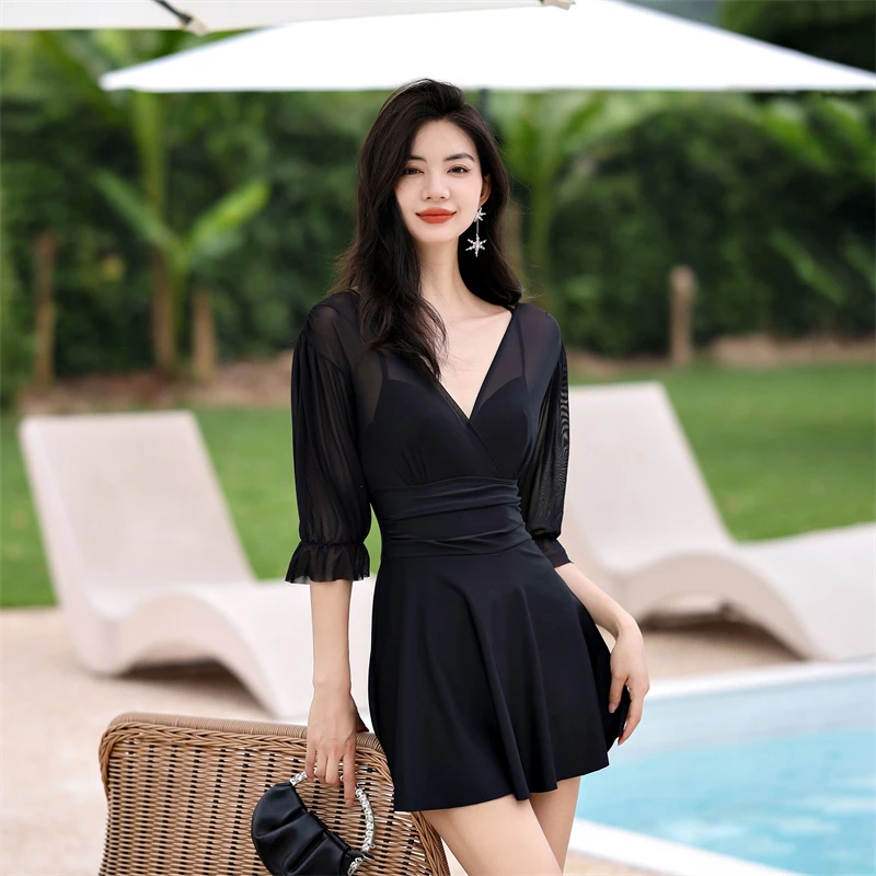 

One-Piece Swimsuit Women Korean New Long/Short Sleeve Skirt Style V Neck Slimming Bathing Suit Summer Beach Holiday Swimwear