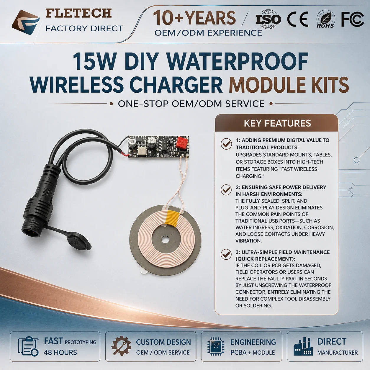 15W Wireless Charger Module Split DIY Qi Wireless Charging Transmitter Board with Detachable Waterproof Extension Cable & Coil
