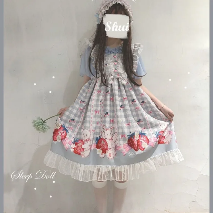 Sweet Strawberry Lolita Jsk Dress for Women Vintage Plaid Print Strap Dresses Y2k E-Girl Fungus Flying Sleeve Vestidos Mujer