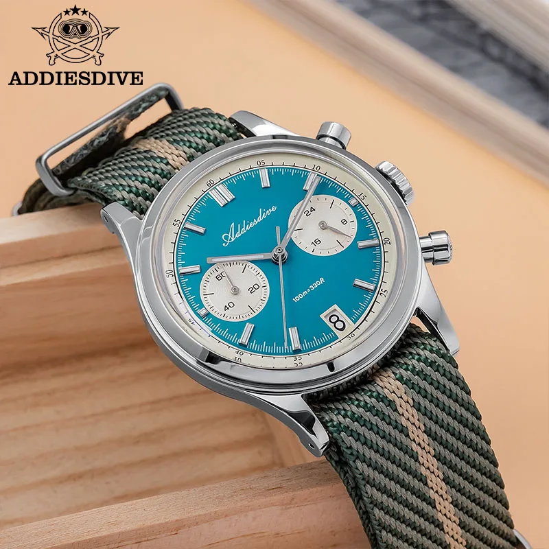 ADDIESDIVE AD2095 Jam Tangan Chronograph Pria BGW9 Super Luminous 10Bar Tahan Air Logo Kustom VK64 Jam Tangan Baja Kuarsa