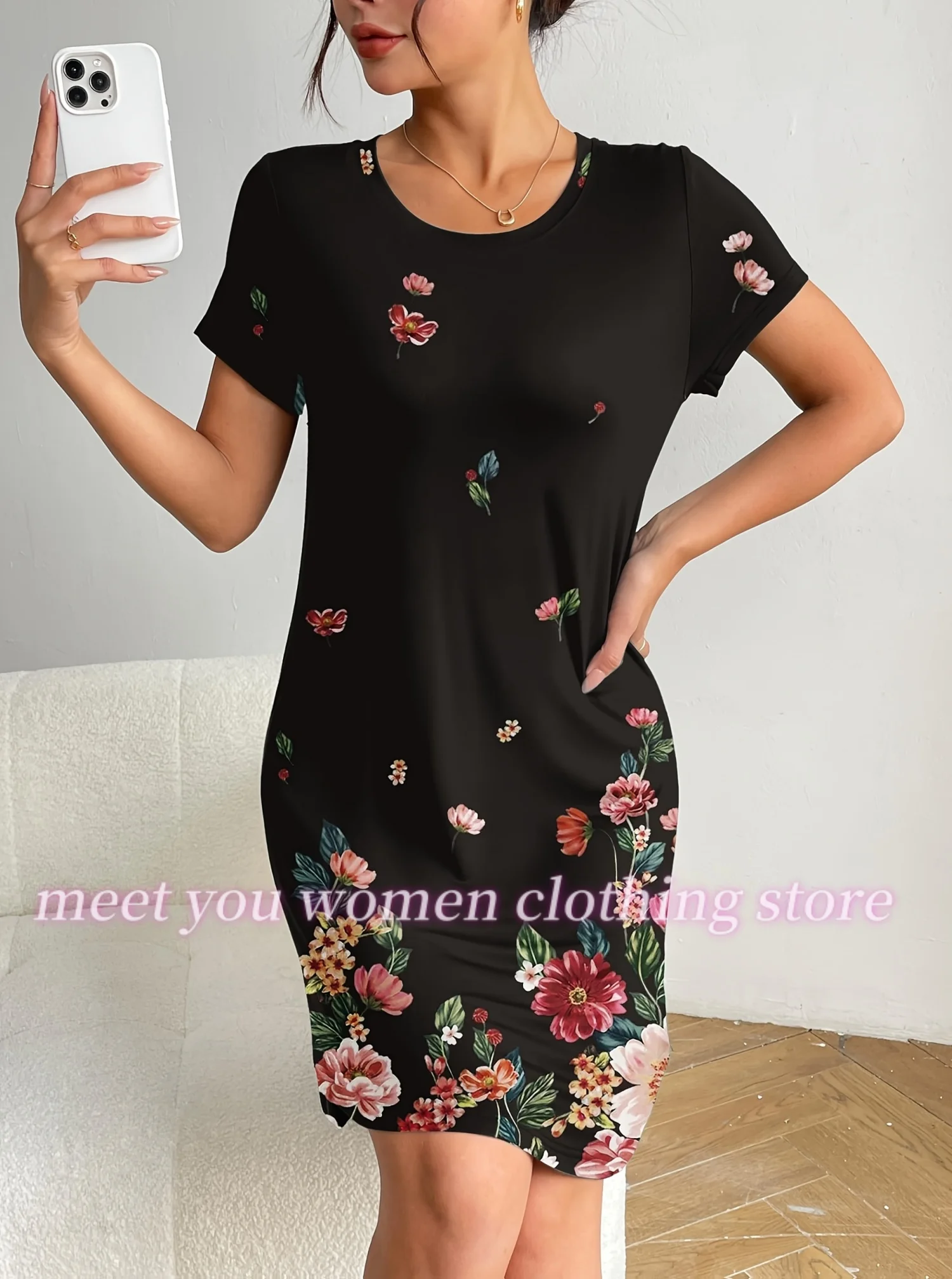 فستان نسائي صيفي جديد بيجامة فضفاضة سوداء غير رسمية مطبوعة برقبة دائرية للسيدات بأكمام قصيرة فساتين بلوفر ملابس نسائية