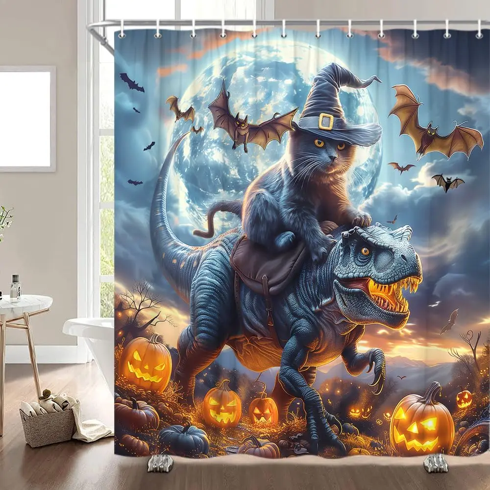 Black Cat Riding Dinosaur Shower Curtain Spooky Halloween Pumpkin Witch Hat Bat Full Moon Creepy Night Forest Tyrannosaurus Trex