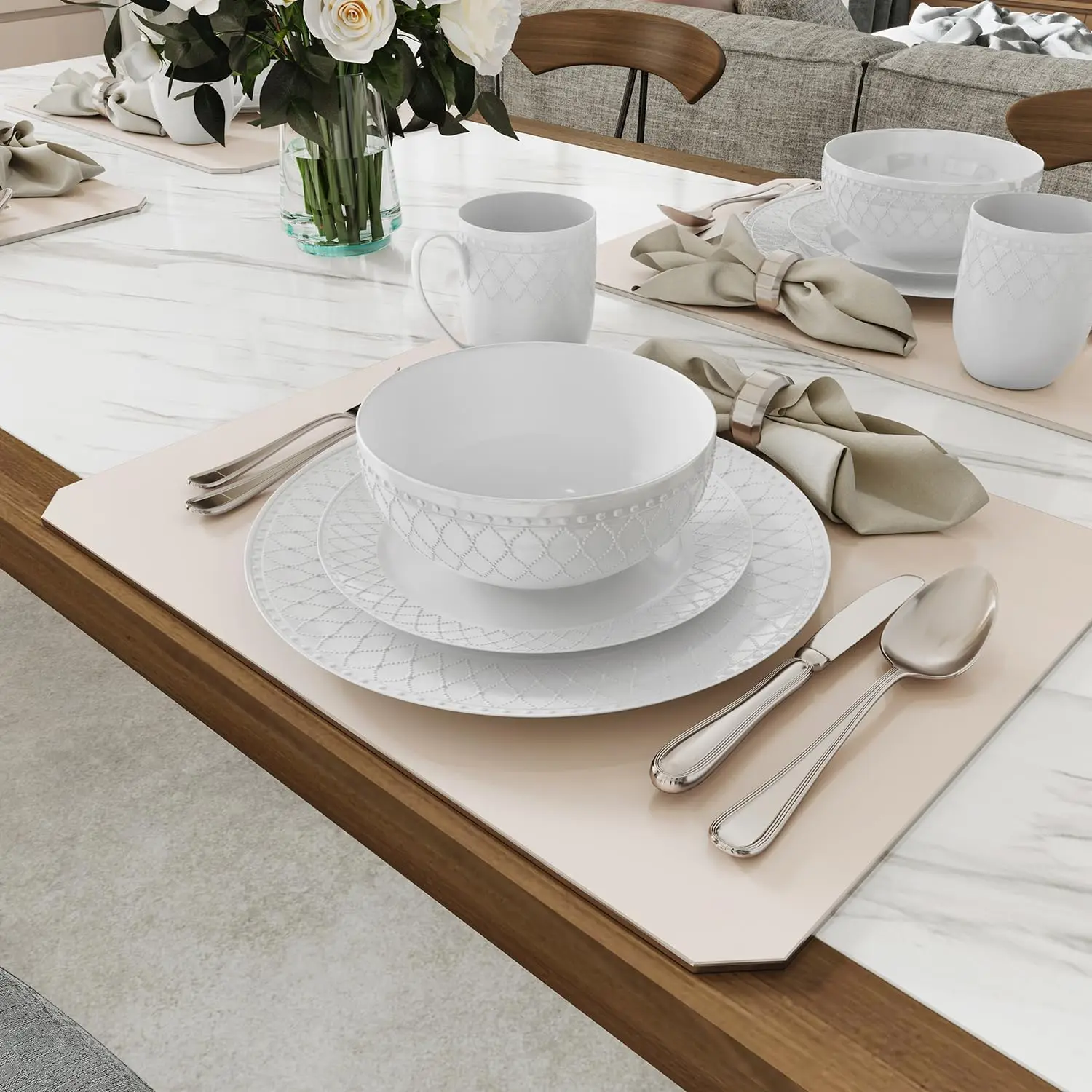 16-Piece White Embossed Mesh Bone China Dinnerware with Lightweight Durable Chip Resistant Design Service for 4
