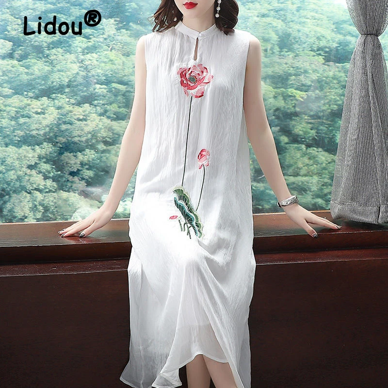 

Women Chinese Style Embroidery Flower Vintage Elegant Party Dresses Summer Fashion Sleeveless Loose Irregular Midi Dress Vestido