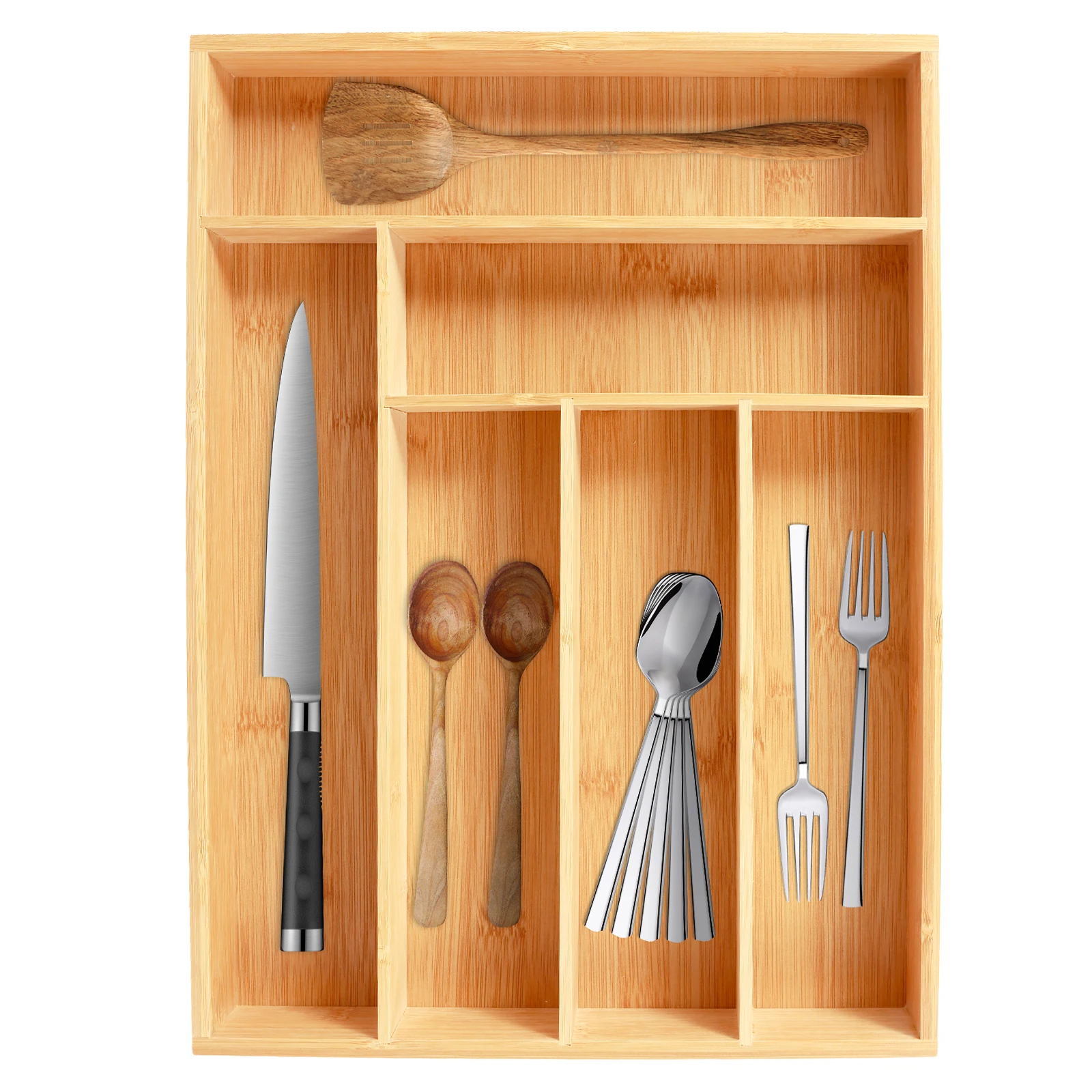 Küchenschublade, Besteck-Organizer, 5/6 Fächer, Bambus-Schubladenbox, Besteck-Tablett, langlebiges Küchenschublade-Organizer-Tablett