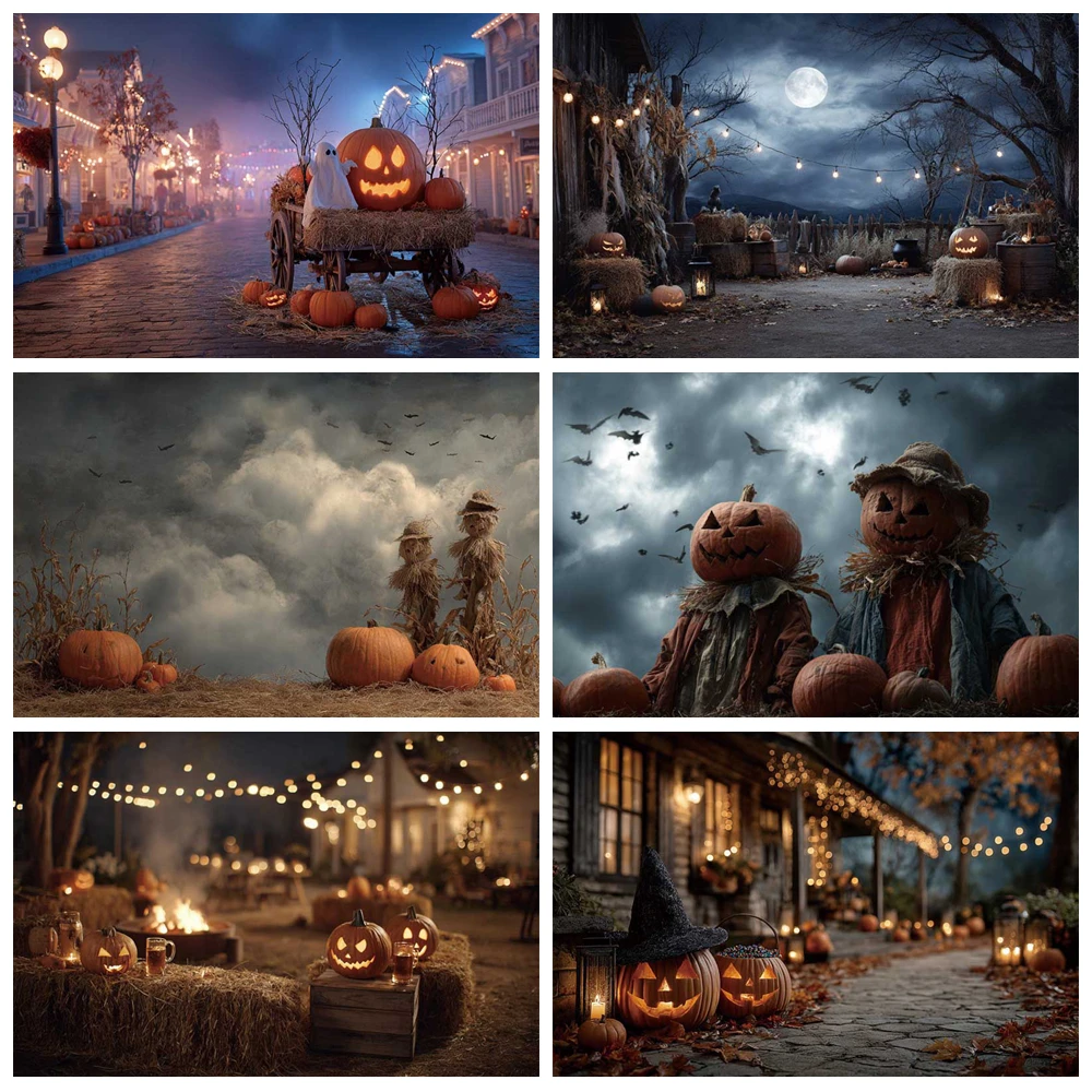 

MOON.QG Pumpkin Scarecrow Halloween Town Photography Background Lanterns Ghost Backdrop Portrait Photocall Wallpaper Party Decor