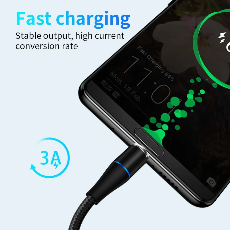 Magnetic Charging USB Cable 3A Super Fast Charge Cable 360 Degree Rotate Micro USB Type C Cord Phone Charger Wire Magnet Cable