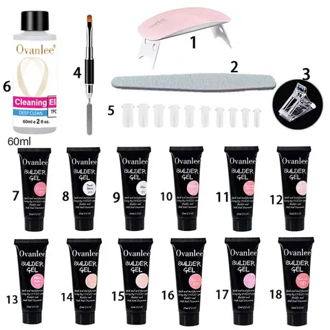 Ovanlee 18pcs Crystal Extension Glue Set, Paper Free Nail Care Quick Extension Model Glue UV Light
