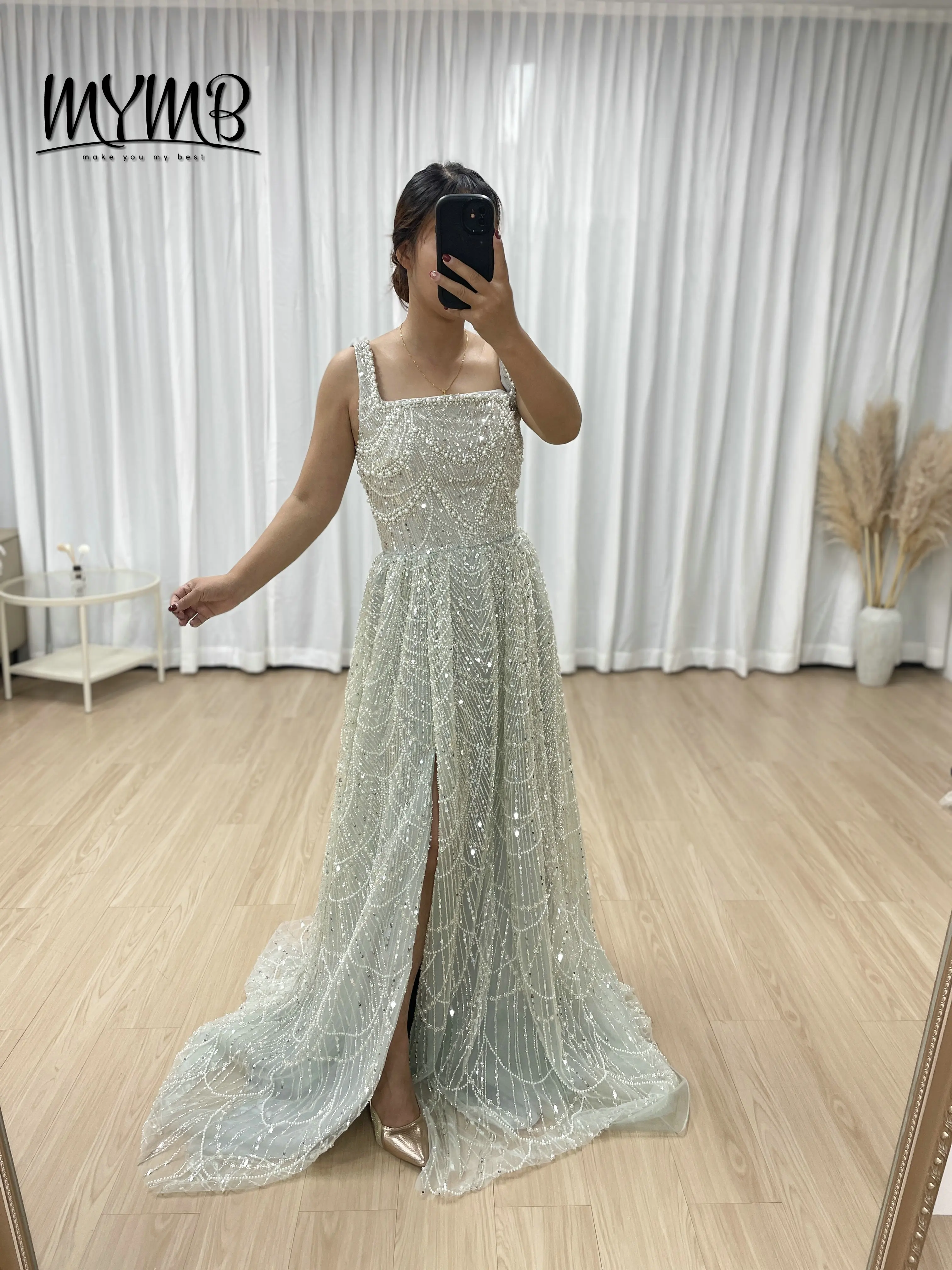 MYMB Fashionable Mint Sequined A-Line Evening Gown Spaghetti Strap Long Dress Matching Gloves for Women Birthday Party MY30142