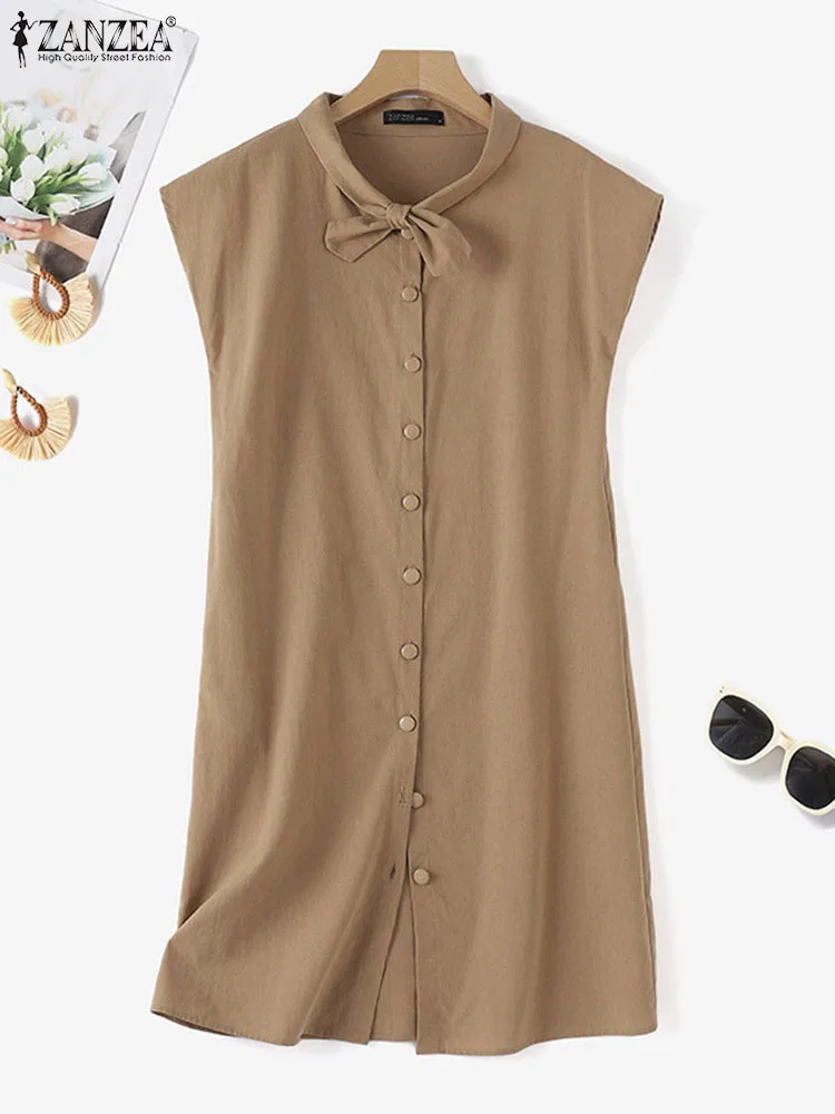 Zanzea ชุดเดรสทำงาน OL หรูหราสำหรับฤดูร้อนชุดเดรสแฟชั่นสำหรับผู้หญิงชุดเดรสปาร์ตี้แขนสั้นมีปกคอพับติดกระดุมชุดเดรสวันหยุด