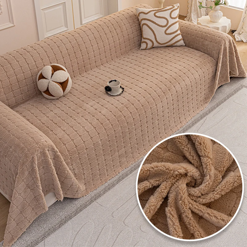

1pc Plush Sofa Cover, Modern Solid Color Checkered Pattern Sofa Towel for 1/2/3/4 Seater Couch Sofa L Shape Sectional Home Decor