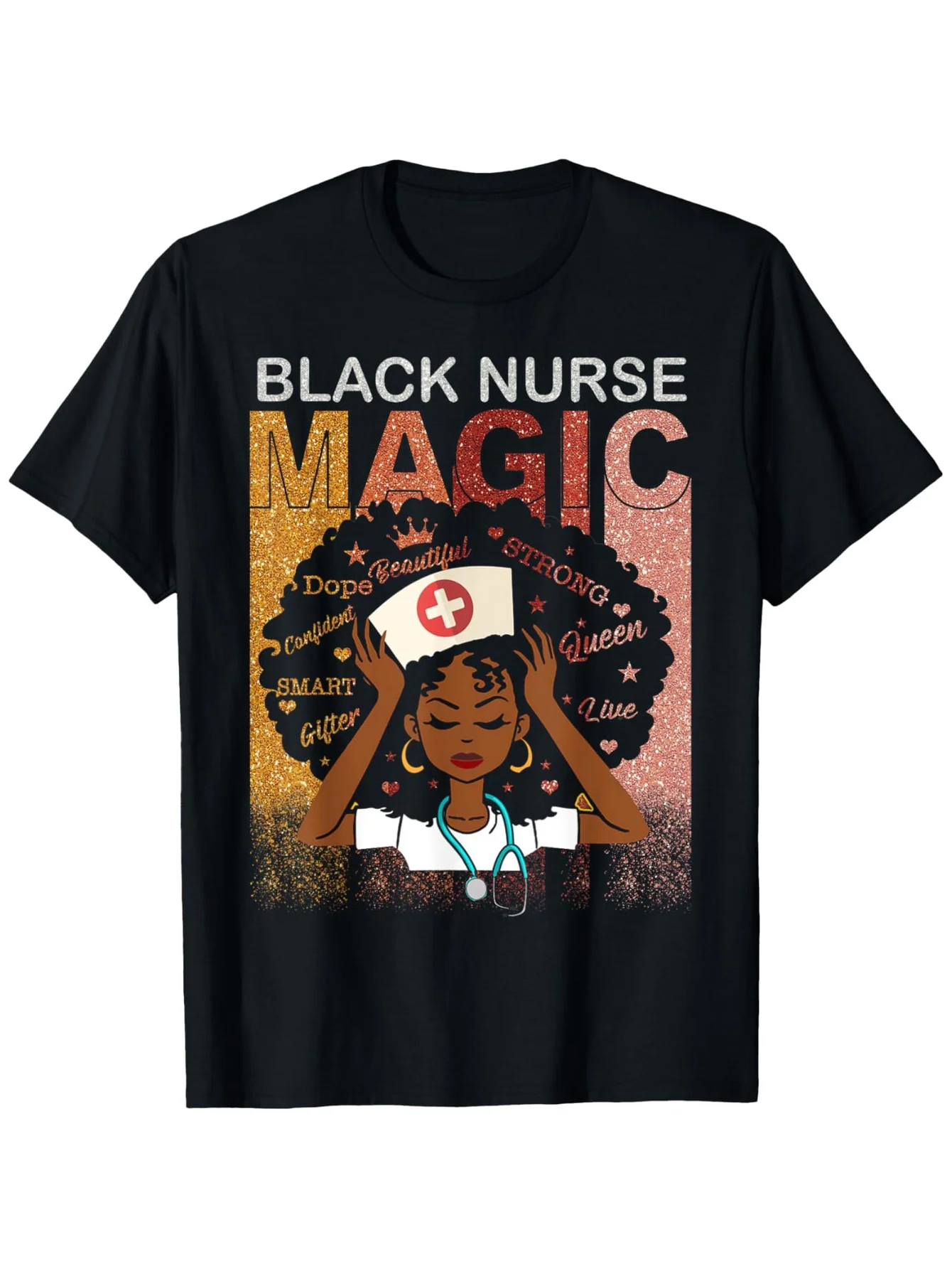 Black Nurse Magic Afro Melanin Queen Black History Graphic T-Shirt - 100% Cotton Short Sleeve Round Neck Casual Tee with Inspira