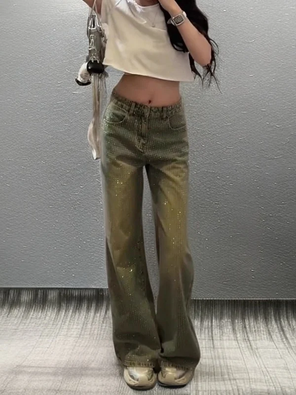 

Модные женские джинсы с бриллиантами в стиле ретро, тонкие прямые широкие брюки с высокой талией, универсальные повседневные широкие джинсы с высокой талией