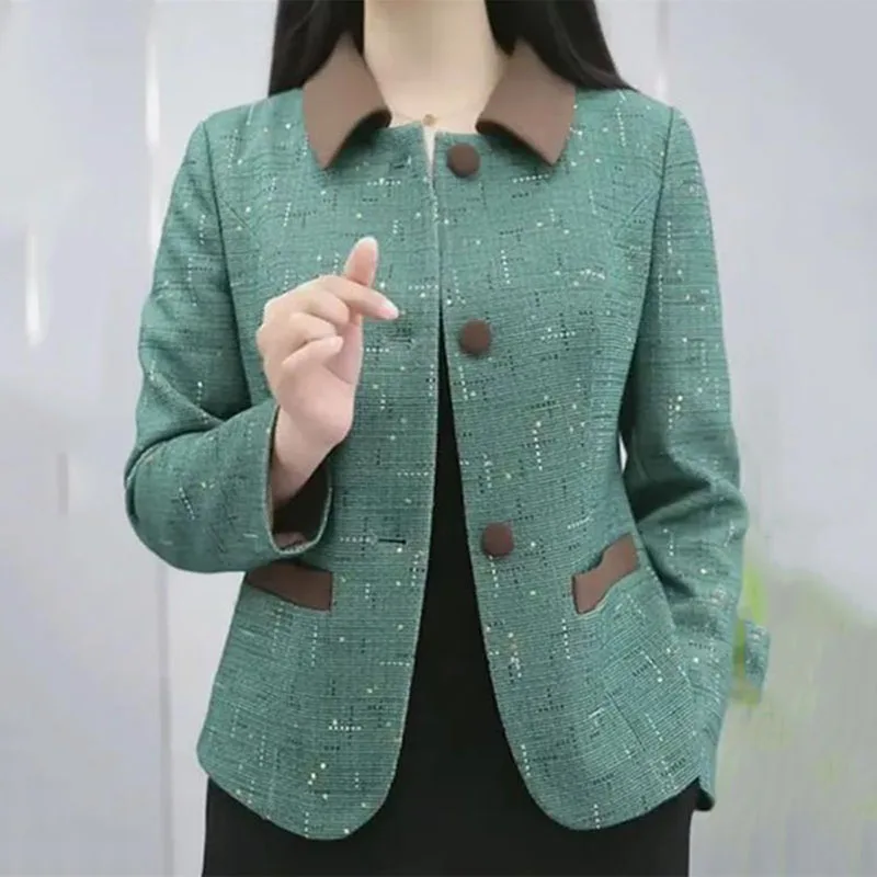 Women’s Tweed Short Jacket Spring Autumn Contrast‑Color Collar Single‑Breasted Long‑Sleeve Elegant Outerwear with Pockets