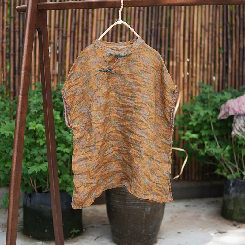 Chinese Style Women Casual Linen T-shirts New Arrival 2025 Summer Vintage Mandarin Collar Floral Print Female Tops Tees M1761