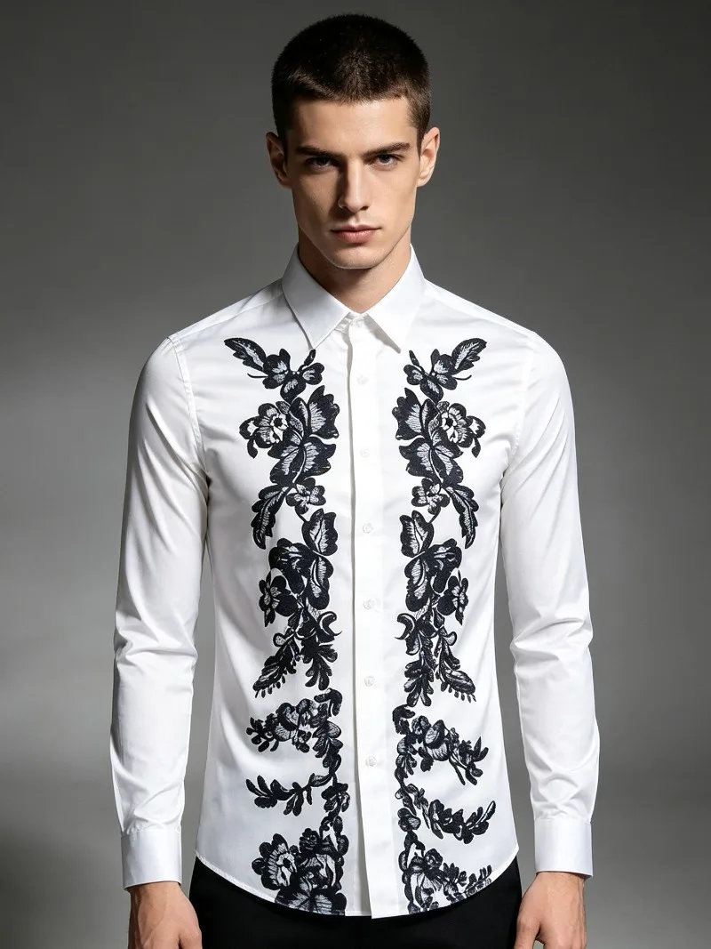 Brand Flower Printed Long Sleeved Shirt Men High-quality Slim Business Casual Formal Shirt Banquet Party Luxury Social Shirts