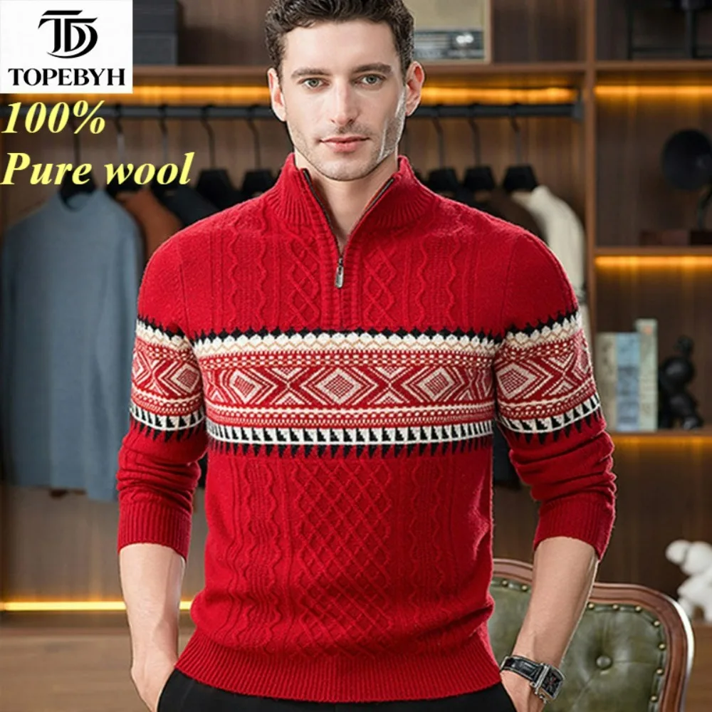 100% Pure Wool High Quality Sweater  Long-Sleeve Wool Sweater Knitted  Zip Collar Pullover Tops