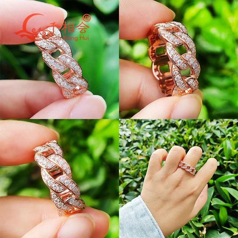8mm 8 shape Cuban Link Hip Hop D VVS White Moissanite Ring 925 Sterling Silver Iced out Jewelry Unisex Dating Gift