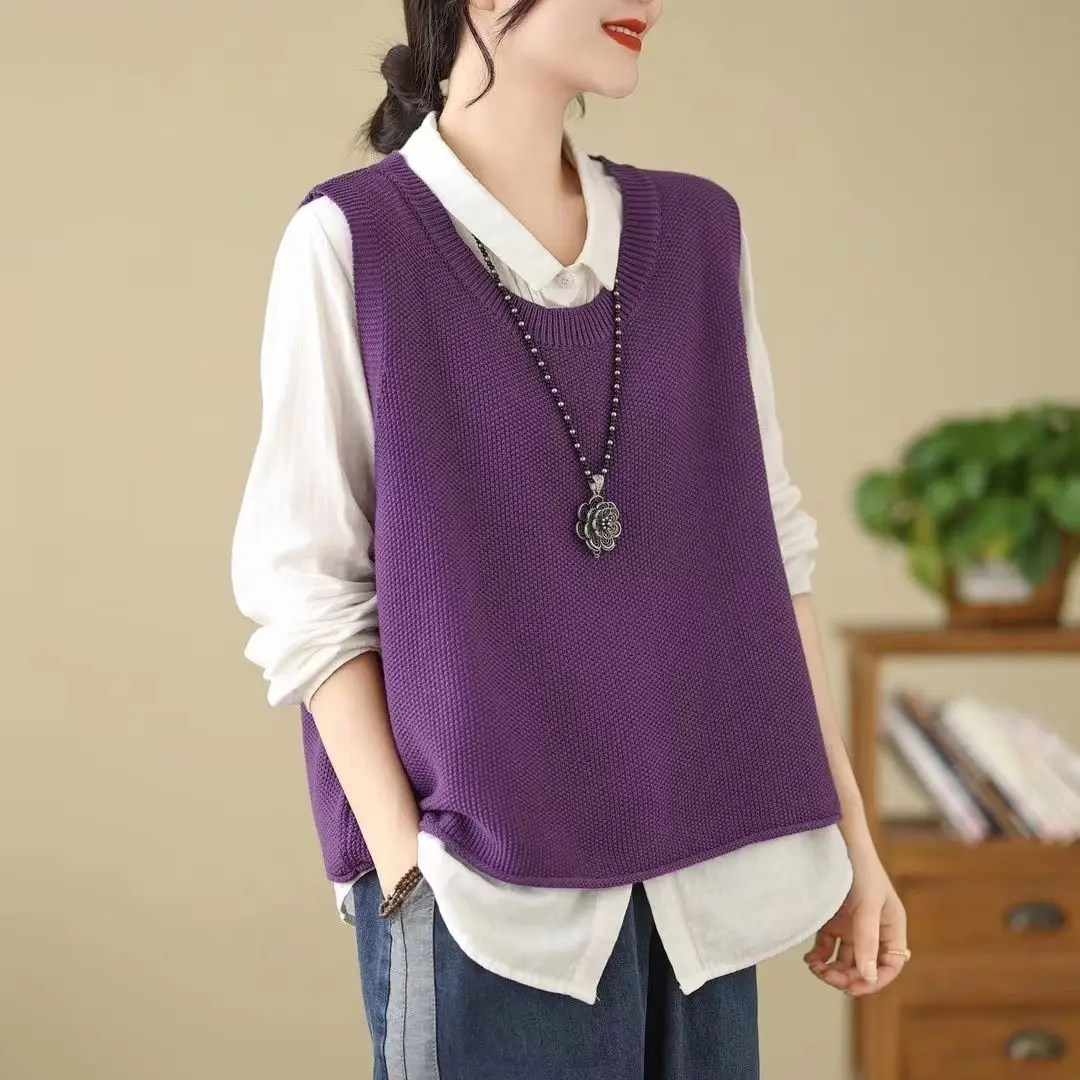 

2025 Cotton Yarn Knitted Loose Fit round Ne Vest Women's Spring Autumn New Sle Artistic Slimming Versatile Knitted Vest