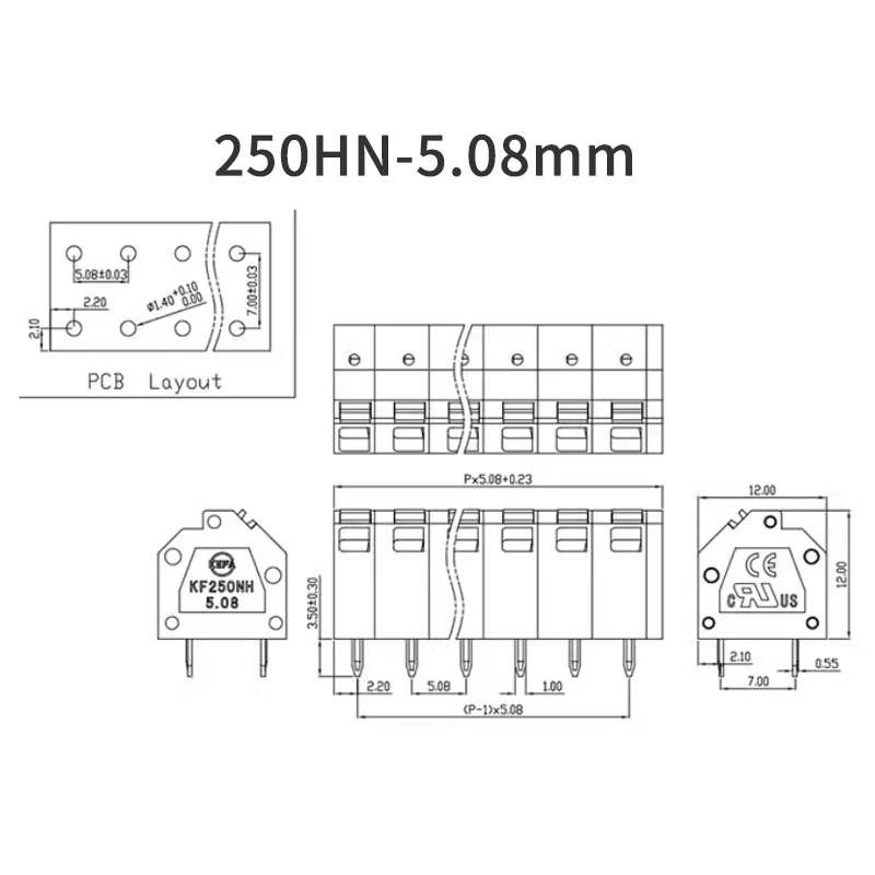 (1 Piece) KF250NH Spring Press PCB Slant Terminal Block 3.81mm 5.08mm Double Row Pin SPTA 2P 3P 4P ~ 12P 250NH