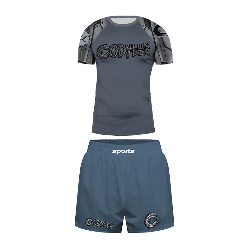 Cody Lundin Boys 7-13Y Slate Blue Armor Print Athletic MMA BJJ Compression Outfit Elastic Muay Thai Rash Guard Multi-piece Set