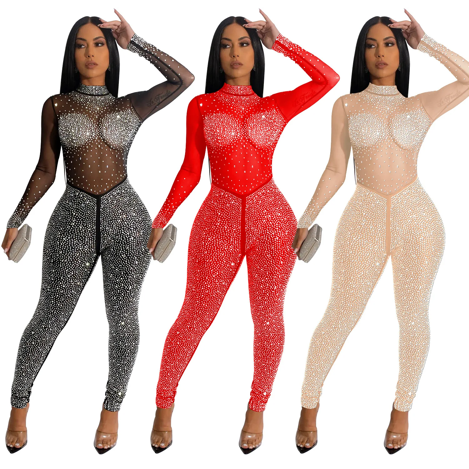 

EINY Sexy Party Jumpsuits Women Mesh See Through Diamond Fashion Long Sleeve Pants Jumpsuit Clubwear Female Overalls Streetwear