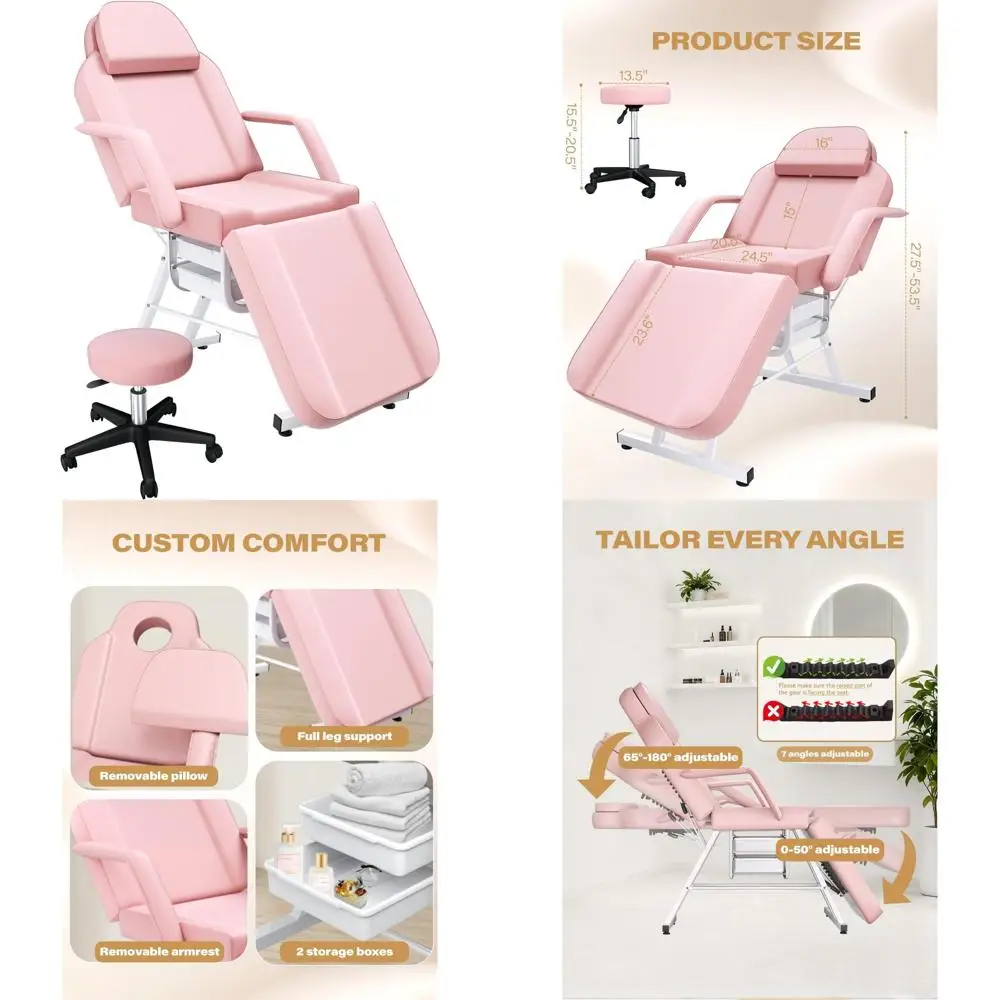 Cadeira de tatuagem facial ajustável para clientes, cama de esteticista com mesa de massagem, encosto de cabeça e 360 °   Banco giratório, serviço de cílios