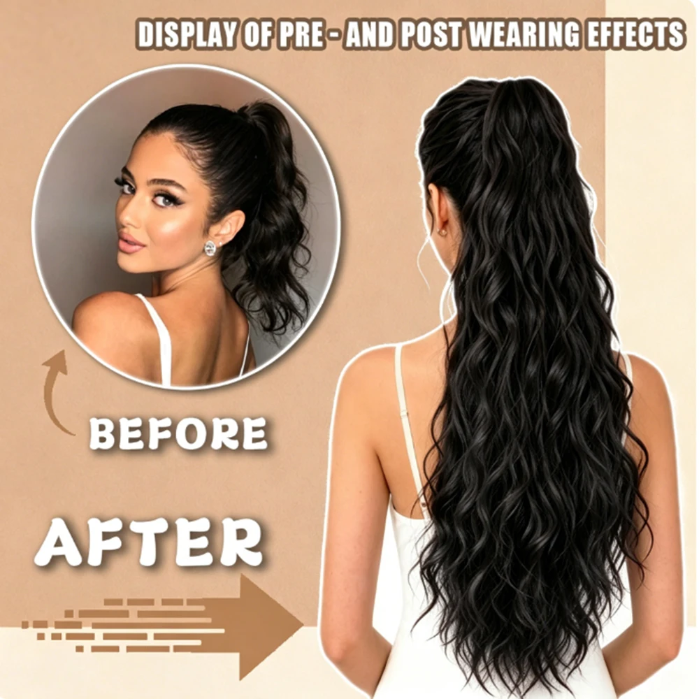 Synthetic Water Wave Claw Clip Ponytail Black Heat Resistant Fiber Fluffy Soft And Smooth Ponytail Hair Extensions For Women