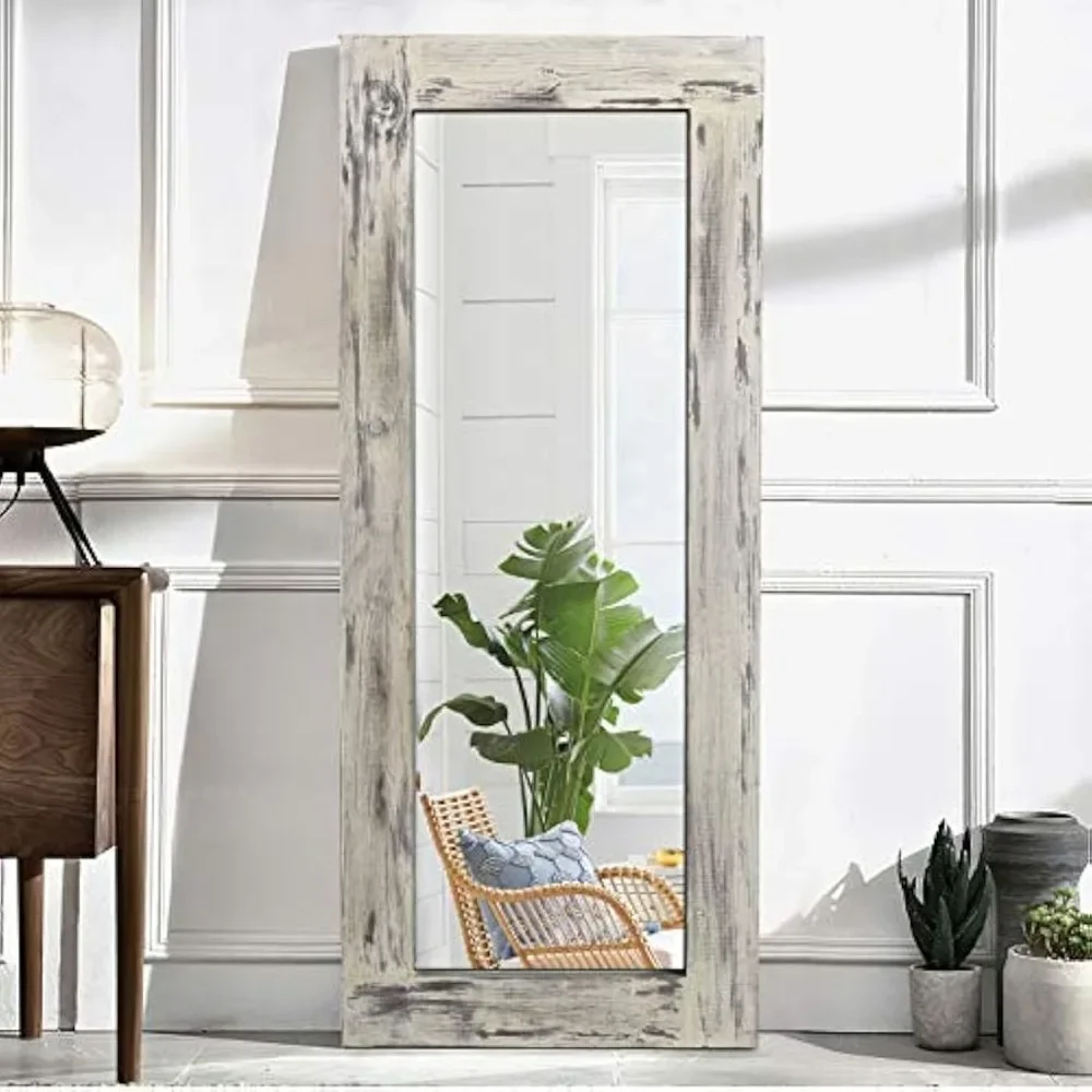 Trvone Full Length Dressing Mirror Wood Floor Solid Wood Frame with Standing Holder Wooden Frame Vertical and Horizontal Hanging