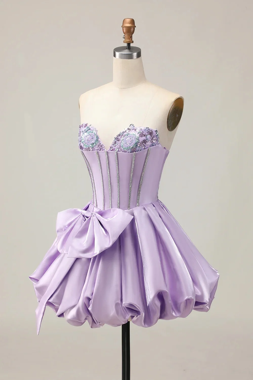 Customized Lavender Strapless Corset Mini Dress 3D Floral Rhinestone Big Satin Bow Puffy Short Cocktail Homecoming Formal Gown - view 2